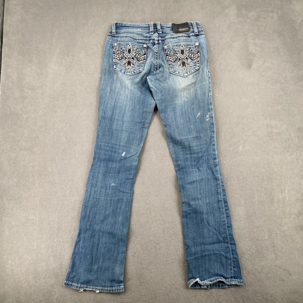 Grace in LA Bootcut Jeans Womens 27 Medium Wash Distressed Embroidered Pockets